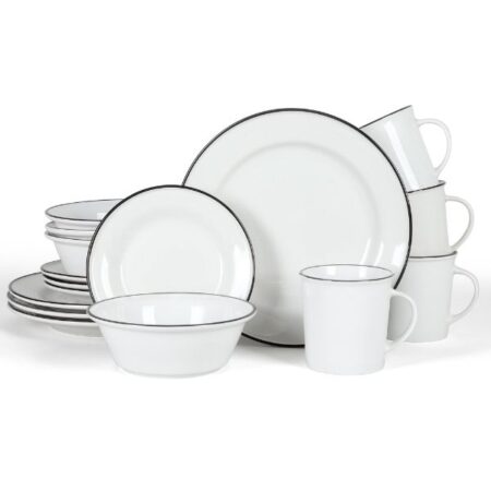 Martha Stewart Cliffield 16 Piece Ceramic Dinnerware Set - White with Black Rim