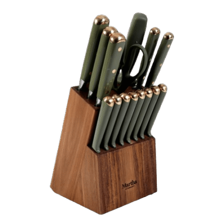 Martha Stewart Lockton 16 Piece Knife Block with Acacia Wood-Green