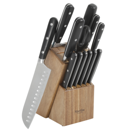 Martha Stewart Eastwalk 14 Piece Acacia Wood Block Stainless Steel Cutlery Set - Matte Black