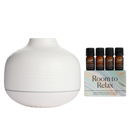Saje Natural Wellness Aroma Cocoon White Ultrasonic Diffuser&Room to Relax Restorative Diffuser Collection