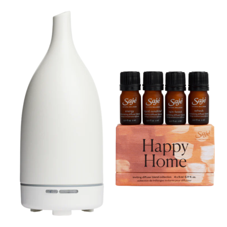 Saje Natural Wellness Aroma Om White Cool Mist Diffuser&Happy Home Inviting Diffuser Collection