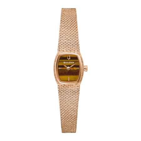 Bulova Classic Goddess of Time Rose-Tone Analog Watch with Brown Tiger’s Eye Dial